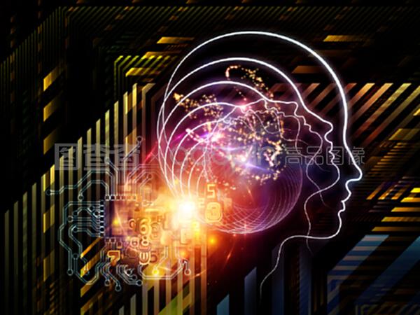 人工智能、计算机科学和未来技术领域的人头轮廓、技术和分形元素的组成